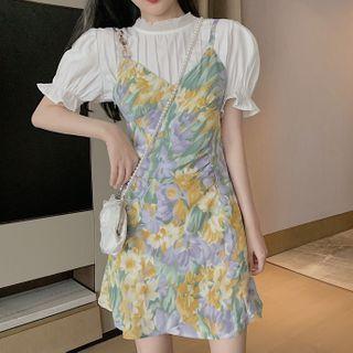 Puff-sleeve Blouse / Spaghetti Strap Floral Mini A-line Dress