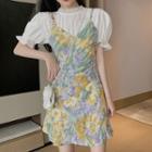 Puff-sleeve Blouse / Spaghetti Strap Floral Mini A-line Dress