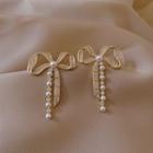 Rhinestone Faux Pearl Bow Drop Earring 1 Pair - White & Gold - One Size