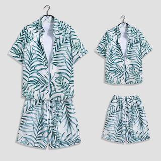 Set: Short-sleeve Leaf Print Hawaiian Shirt + Shorts