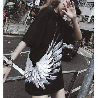 Elbow-sleeve Wing Print T-shirt