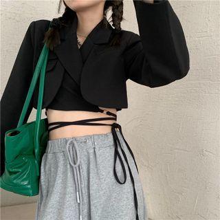 Tie-strap Cropped Blazer / Drawstring Wide Leg Sweatpants
