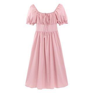 Puff-sleeve Square-neck Strappy Ruched Dress
