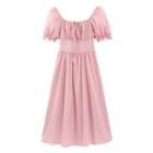 Puff-sleeve Square-neck Strappy Ruched Dress