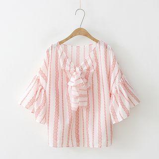 Print Short-sleeve Tie-neck Chiffon Top