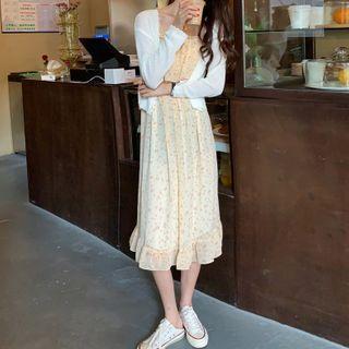 Floral Strappy Midi A-line Dress / Knit Light Jacket