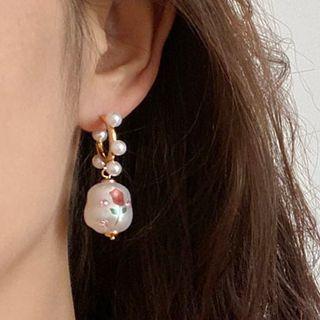Rose Print Faux Pearl Dangle Earring 1 Pair - Gold & White & Red - One Size