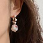Rose Print Faux Pearl Dangle Earring 1 Pair - Gold & White & Red - One Size