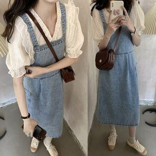 Puff Sleeve V-neck Lace Trim Blouse / Denim Midi Overall Dress
