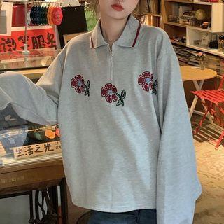 Collared Flower Print Sweatshirt Flower - Gray - One Size