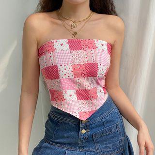 Strapless Floral Print Crop Top Pink - One Size