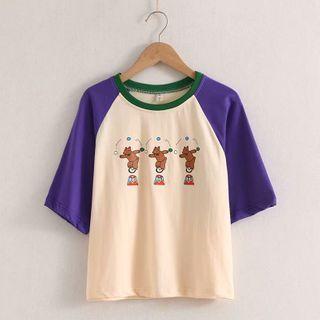 Bear Print Elbow-sleeve Raglan T-shirt