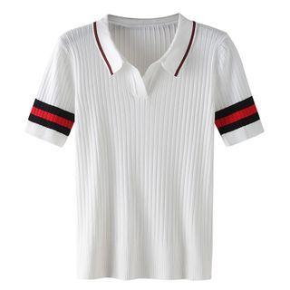 Color Panel Collared Short-sleeve Knit Top