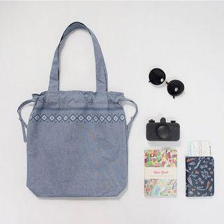 Foldable Patterned-trim Denim Shopper Bag