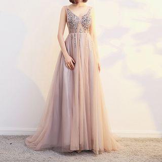 Sequined Open-back Sleeveless A-line Evening Gown