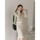 Set: Fringe-trim Tweed Top + Pencil Skirt