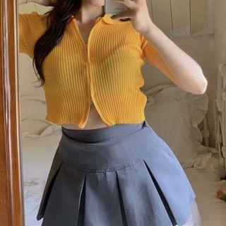 Short-sleeve Plain Zip-up Cropped Knit Top