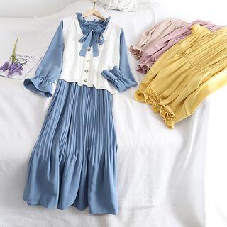 Set: Bow Detail Long-sleeve Midi Shift Dress + Cable-knit Vest