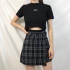 Lettering Short-sleeve Crop T-shirt / Plaid A-line Skirt