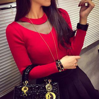 Mesh Insert Long-sleeve Knit Top