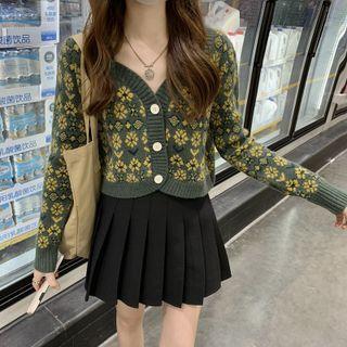 Floral Long-sleeve Cropped Knit Top