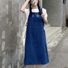 Puff-sleeve Plain Blouse / Embroidered Denim Overall Dress