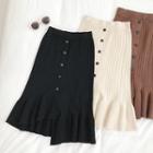Ruffle Hem Buttoned Knit Midi Skirt