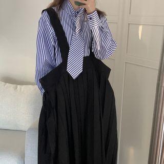 Long-sleeve Striped Shirt / Pleated Midi A-line Overall Dress