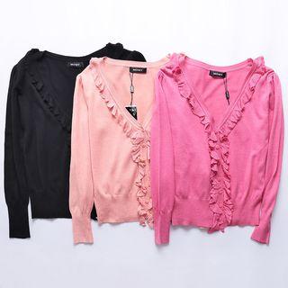 Frilled Long-sleeve Open-knit Cardigan