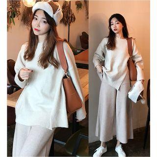 Slit-side Sweater / Knit Wide-leg Pants