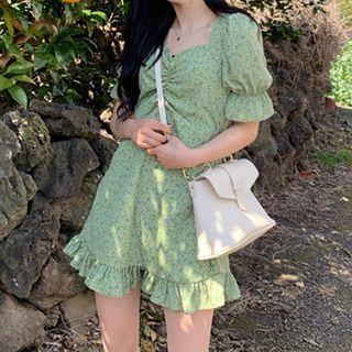 Balloon-sleeve Shirred Floral Print A-line Dress