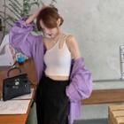 Plain Long-sleeve Loose-fit Shirt / One-shoulder Sleeveless Top