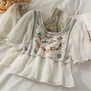 Patchwork Embroidered Sheer Blouse