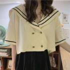 Short-sleeve Double Breasted Sailor Collar Top Light Yellow - One Size