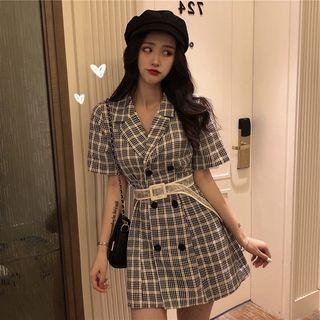 Plaid Double-breasted Short Sleeve Dress