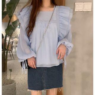 Ruffle Trim Long Sleeve Top Blue - One Size
