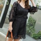 Flower Embroidered 3/4 Sleeve Chiffon Playsuit