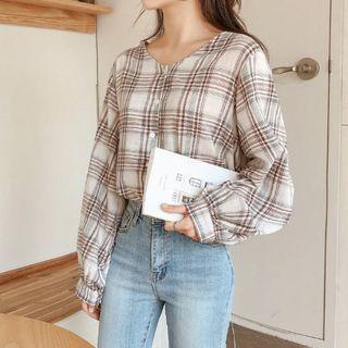 Balloon-sleeve Plaid Blouse Brown - One Size