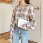 Balloon-sleeve Plaid Blouse Brown - One Size