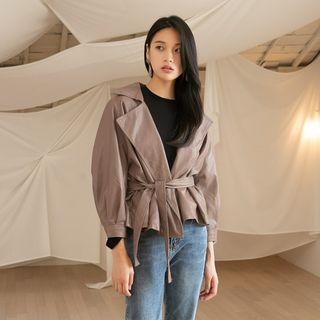 Open-front Faux-leather Jacket With Sash Light Pink - One Size