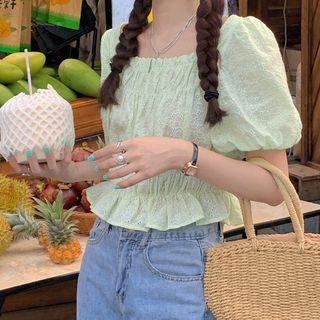 Puff-sleeve Eyelet Lace Peplum Top Light Green - One Size