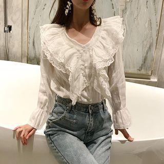 Eyelet Lace Trim Ruffle Blouse White - One Size