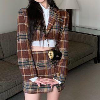 Cropped Plaid Open-front Blazer / Mini Fitted Skirt