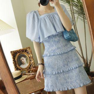 Short-sleeve Checked Shirred Mini Sheath Dress