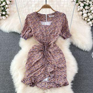 Drawstring Floral Print Mermaid Dress
