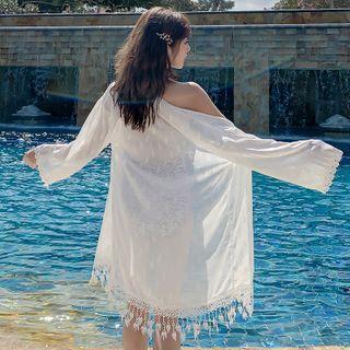 Fringed Open-front Chiffon Jacket White - One Size