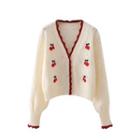 Cherry Embroidered Pointelle Knit Cardigan White & Red - S
