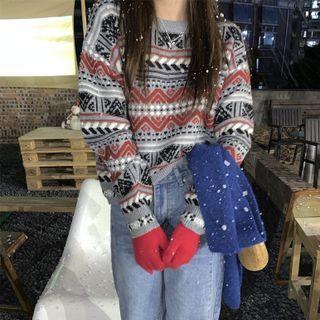 Round Neck Pattern Cropped Sweater