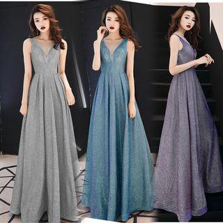 Sleeveless Mesh Panel Glitter A-line Evening Gown