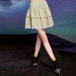 Lace-hem A-line Striped Skirt